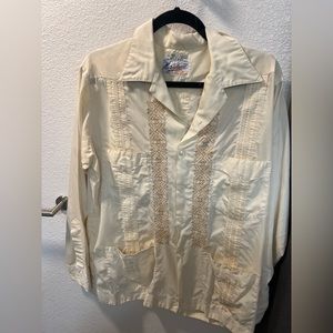 Vintage Meridiana Embroidered Guayabera Shirt Beige Polyester Cotton Men's L